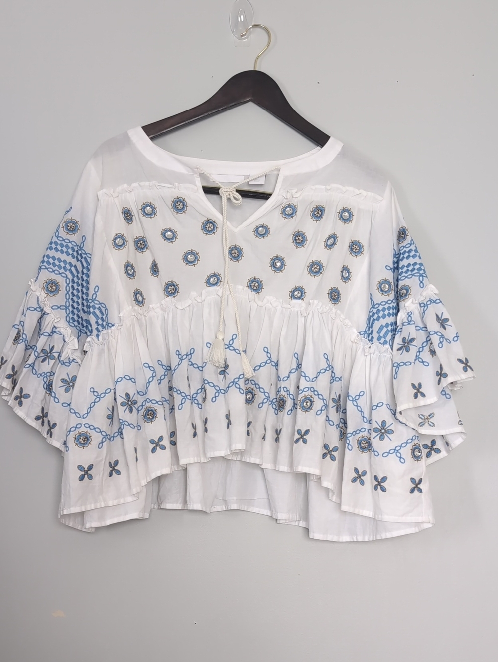 Pure Collection Boho Embroidered White Peasant  Bell half sleeve V-neck tie up S